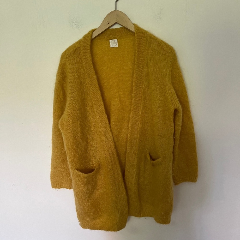 Des Petits Hauts Capulco Mustard Yellow Mohair Blend Open Front Cardigan T1
